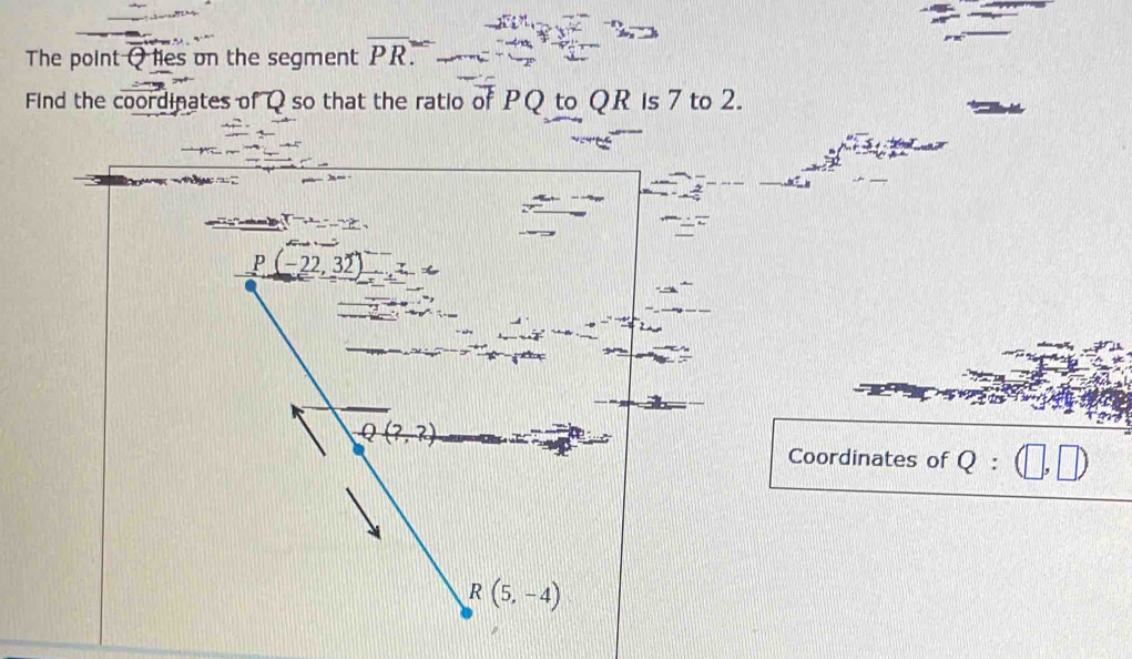 The point Q lies on the segment overline PR. 
Find the coordinates of Q so that the ratio of PQ to QR is 7 to 2.
P (-22,32)
Q(?,?)
Coordinates of Q:(□ ,□ )
R(5,-4)