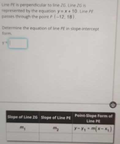 Line PE is perpendicular to line ZG. Line ZG is
represented by the equation y=x+10. Line PE
passes through the point P(-12,18).
Determine the equation of line PE in slope-intercept
form.
y=□