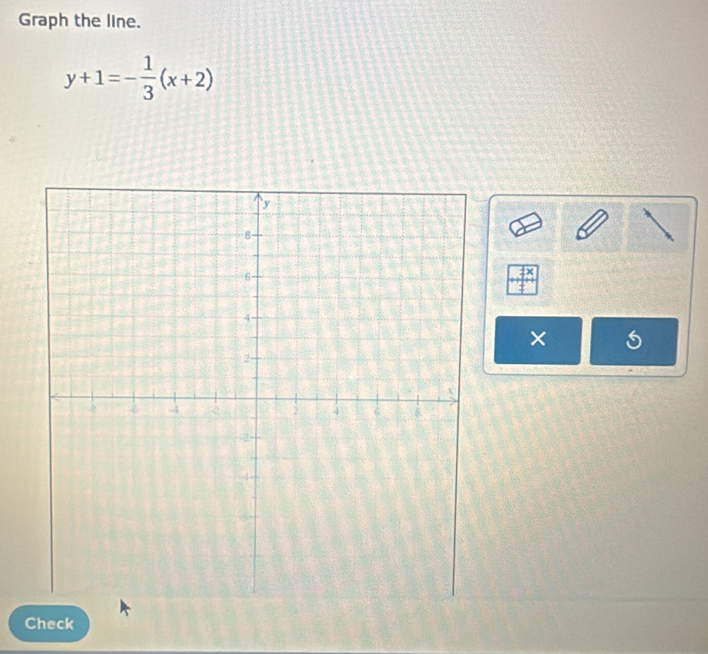 Graph the line.
y+1=- 1/3 (x+2)
× 
Check