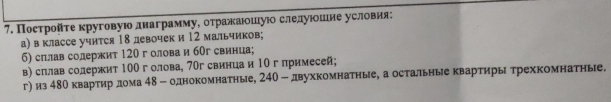 Посτрοйτе круговуюо лднаграммуе оτраίκκаιοшιуιο следуίοшеιие уселίοвия: 
а) в классе учится 18 девочек и 12 мальчиков; 
б) сплав солержит 120 г олова и б0г свинца; 
в) сплав солержит 100 голова, 70г свинца и 10 г примесей; 
г) из 4δО квартир дома 4δ - однокомнатные, 240 - двухкомнатные, а остальные квартиры трехкомнатнье.