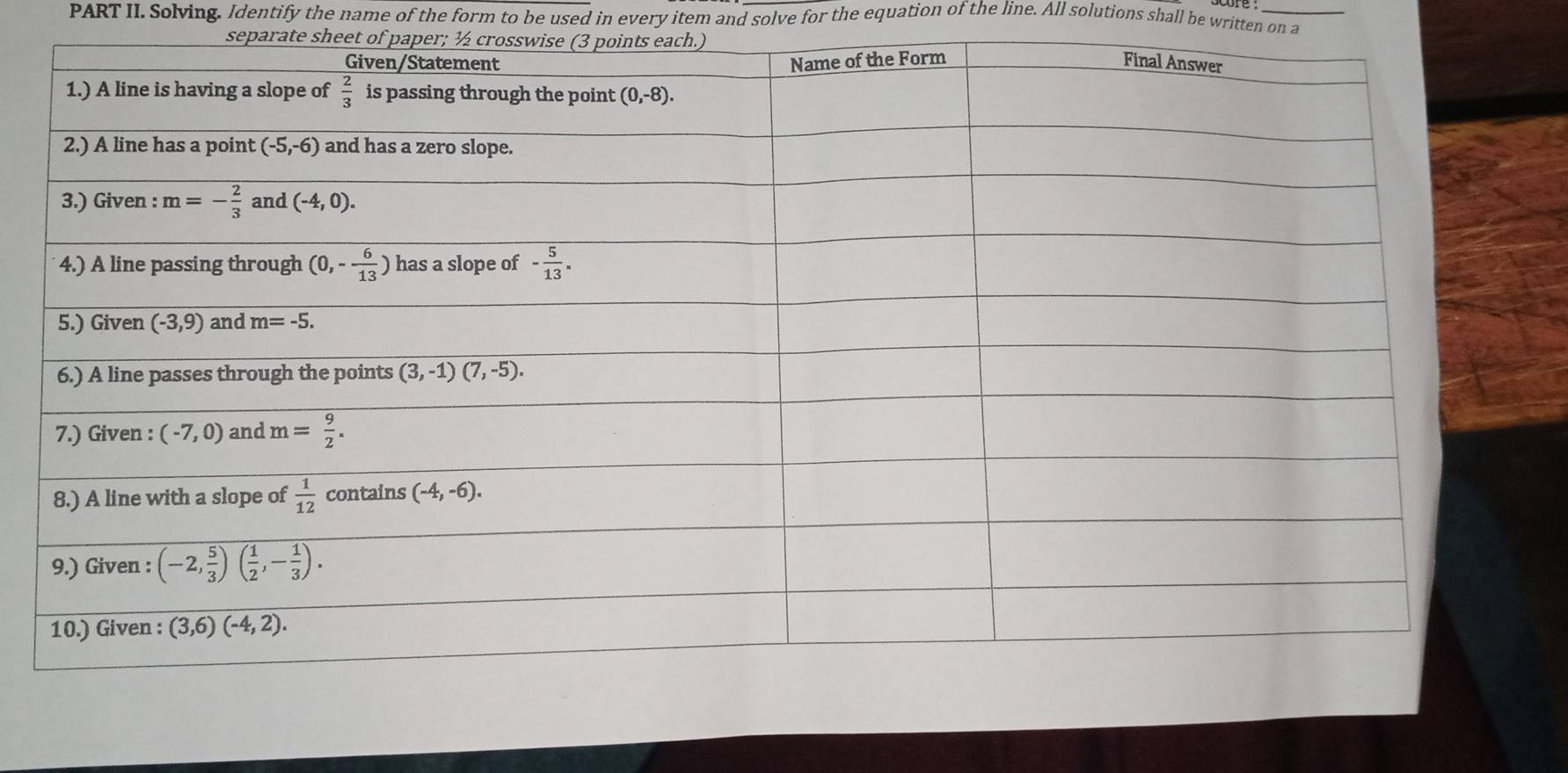 PART II. Solving. Identify the name of the form to be used in every item and solve for the equation of the line. All solutions shall be written on 
separate sheet