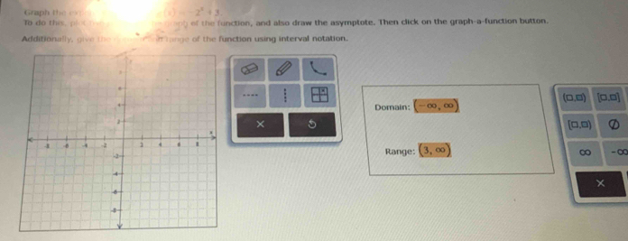 Graph the expon -(x)=-2^x+3. 
To do this, ol o griph of the function, and also draw the asymptote. Then click on the graph-a-function button. 
Additionally, give the derea t m range of the function using interval notation. 
…
(□ ,□ ) [□ ,□ ]
Domain: (-∈fty ,∈fty )
× 5
(□ ,□ )
Range: (3,∈fty )
∞
-∞