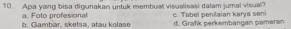 Apa yang bisa digunakan untuk membuat visualisasi dalam jurnal visual?
a. Foto profesional c. Tabel penilaian karya seni
b. Gambar, sketsa, atau kolase d. Grafik perkembangan pameran