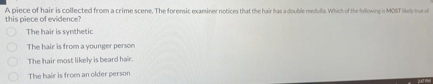 A piece of hair is collected from a crime scene. The forensic examiner notices that the hair has a double medulla. Which of the following is MOST likely true of
this piece of evidence?
The hair is synthetic
The hair is from a younger person
The hair most likely is beard hair.
The hair is from an older person