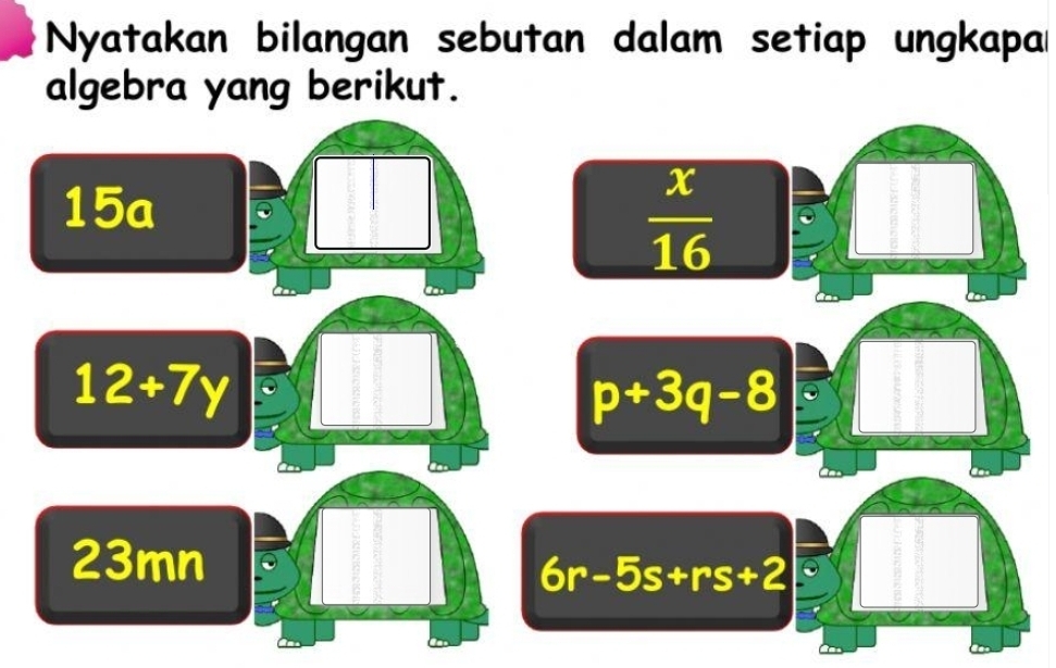 Nyatakan bilangan sebutan dalam setiap ungkapar 
algebra yang berikut. 
15a
 x/16 
12+7y
p+3q-8
23mn
6r-5s+rs+2