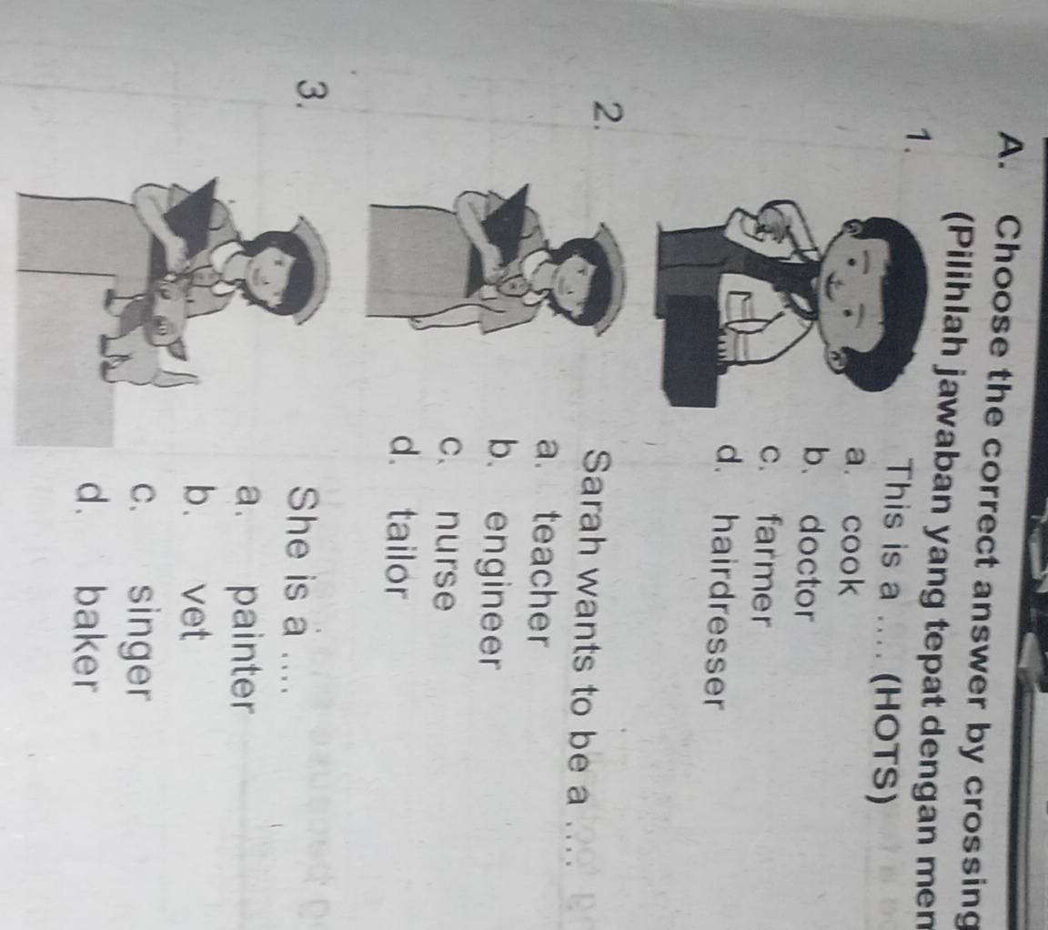 Choose the correct answer by crossing
(Pilihlah jawaban yang tepat dengan men
1. This is a .... (HOTS)
a. cook
b. doctor
c. farmer
d. hairdresser
2.
Sarah wants to be a .. .
a. teacher
b. engineer
c. nurse
d. tailor
3.
She is a ....
a. painter
b. vet
c. singer
d. baker