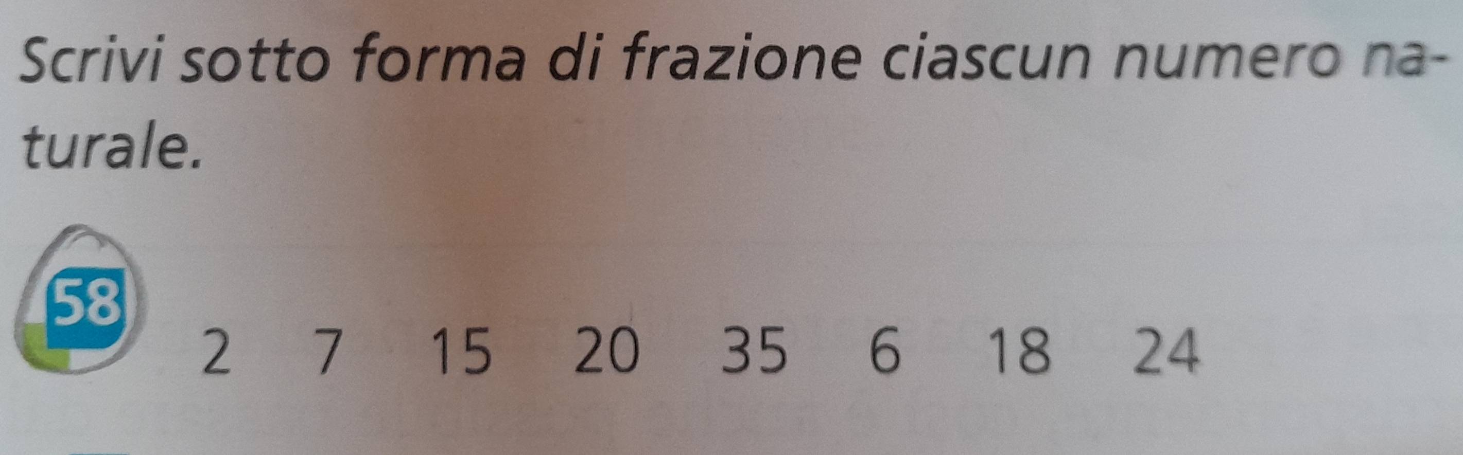 Scrivi sotto forma di frazione ciascun numero na- 
turale.
58
2 7 15 20 35 6 18 24