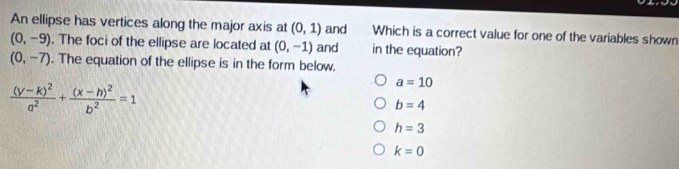 An ellipse has vertices along the major axis at (0,1) and Which is a correct value for one of the variables shown
(0,-9). The foci of the ellipse are located at (0,-1) and in the equation?
(0,-7). The equation of the ellipse is in the form below.
frac (y-k)^2a^2+frac (x-h)^2b^2=1
a=10
b=4
h=3
k=0