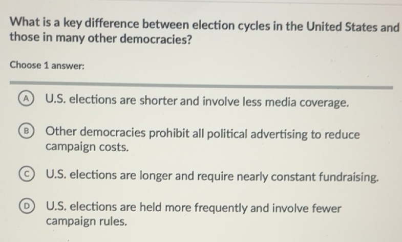 Solved: What is a key difference between election cycles in the United ...