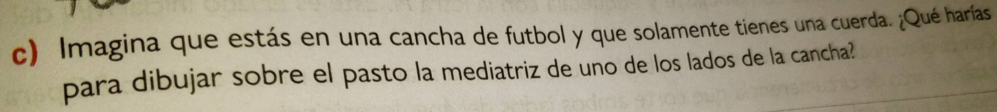 Imagina que estás en una cancha de futbol y que solamente tienes una cuerda. ¿Qué harías 
para dibujar sobre el pasto la mediatriz de uno de los lados de la cancha