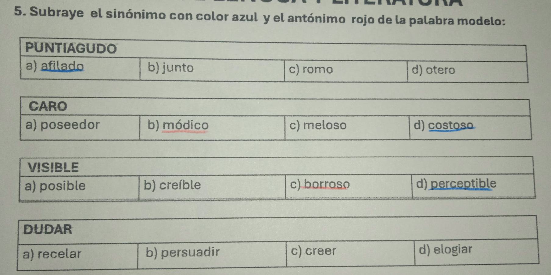 Subraye el sinónimo con color azul y el antónimo rojo de la palabra modelo: