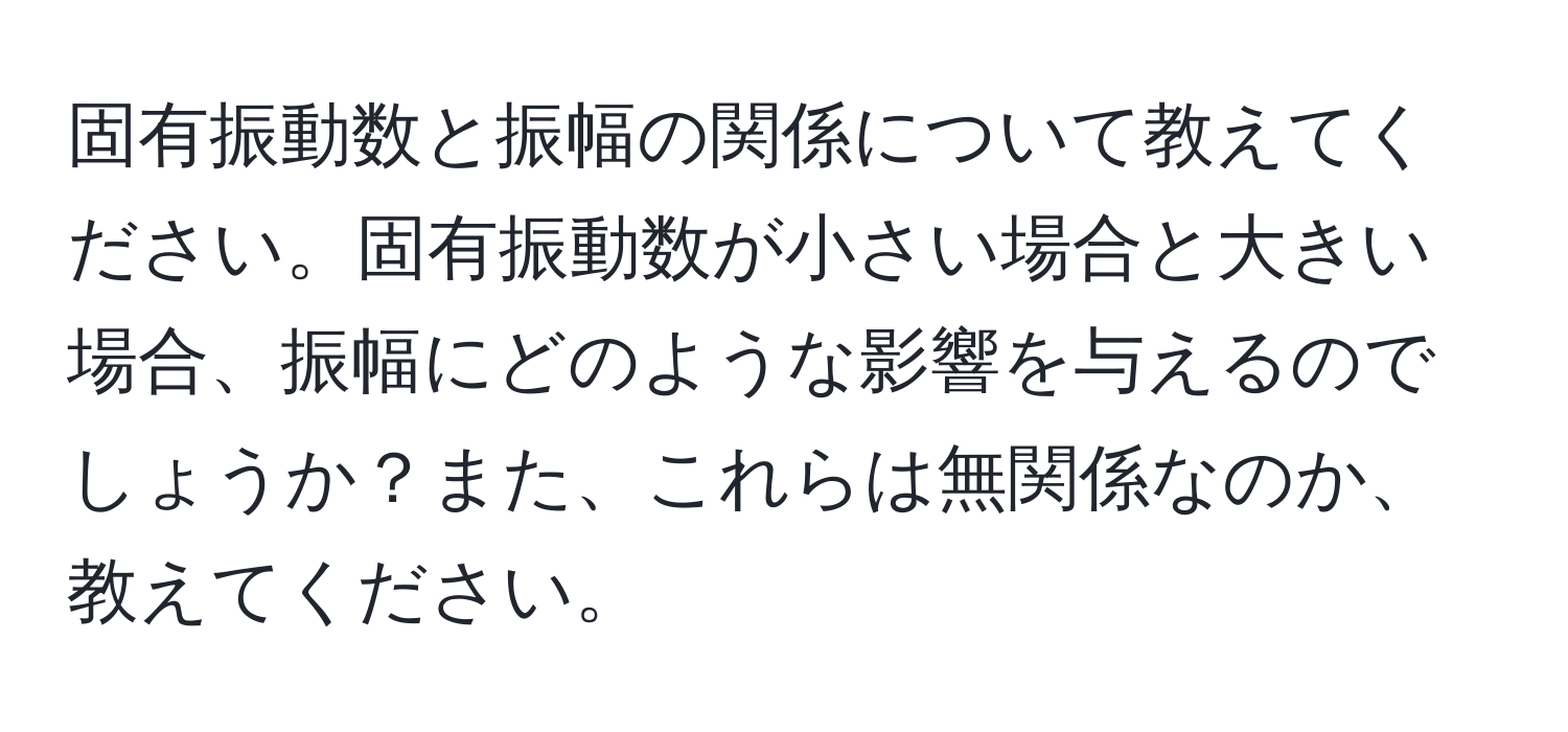 固有振動数と振幅の関係について教えてください。固有振動数が小さい場合と大きい場合、振幅にどのような影響を与えるのでしょうか？また、これらは無関係なのか、教えてください。