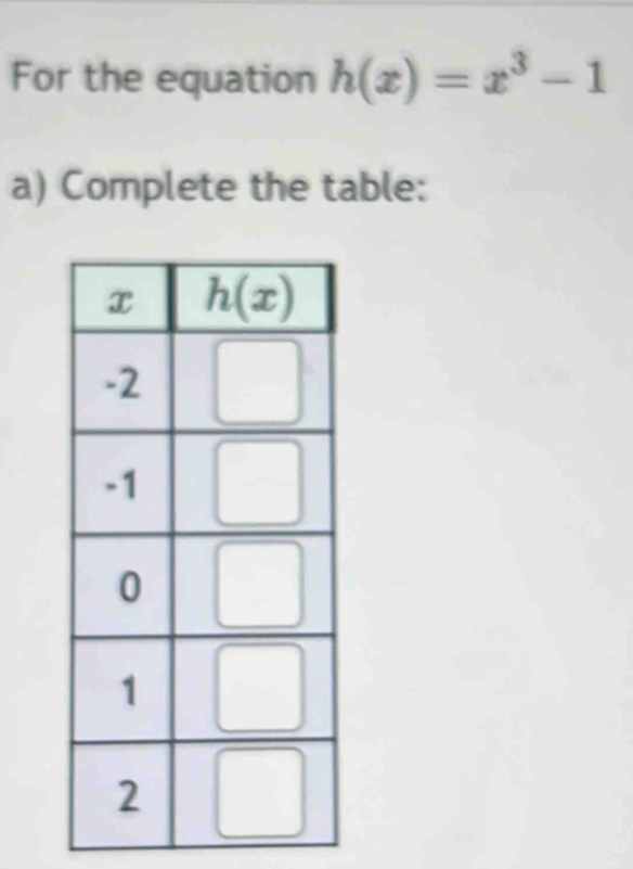 For the equation h(x)=x^3-1
a) Complete the table: