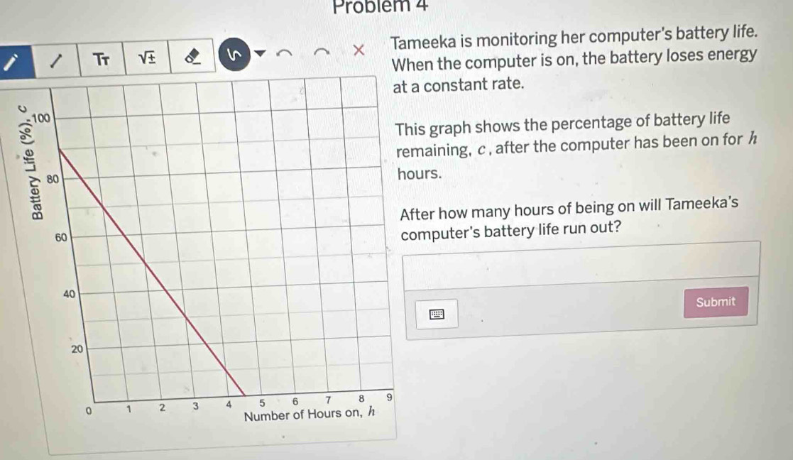 Problem 4 
1 Tr sqrt(± ) Tameeka is monitoring her computer's battery life. 
i^ 
× 
When the computer is on, the battery loses energy 
onstant rate. 
graph shows the percentage of battery life 
ining, c , after the computer has been on for h 
s. 
r how many hours of being on will Tameeka’s 
puter's battery life run out? 
Submit