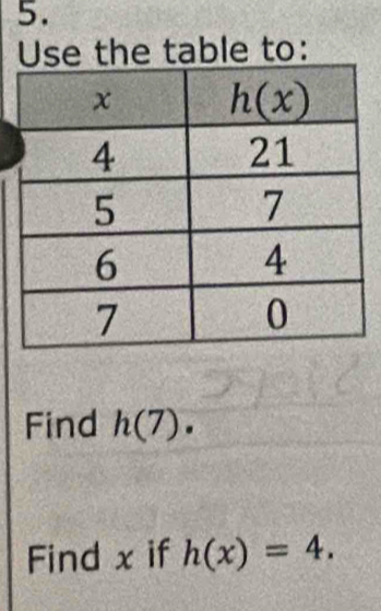 Use the table to:
Find h(7).
Find x if h(x)=4.