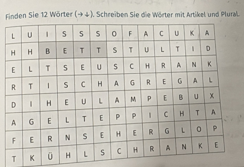 Finden Sie 12 Wörter (→↓). Schreiben Sie die Wörter mit Artikel und Plural.