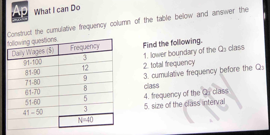 Ap What I can Do
APPLICATIO
Construct the cumulative frequency column of the table below and answer the
Find the following.
class
1. lower boundary of the Q_3
2. total frequency
3. cumulative frequency before the Q_3
class
4. frequency of the Q_3 class
5. size of the class interval