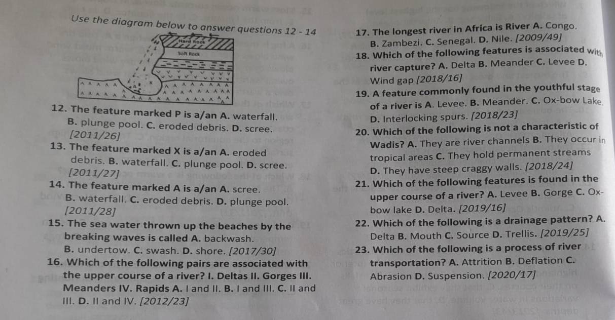 Use the diagram below to anstions 12 - 14 17. The longest river in Africa is River A. Congo.
B. Zambezi. C. Senegal. D. Nile. [2009/49]
18. Which of the following features is associated with
river capture? A. Delta B. Meander C. Levee D.
Wind gap [2018/16]
19. A feature commonly found in the youthful stage
of a river is A. Levee. B. Meander. C. Ox-bow Lake
1 The feature marked P is a/an A. waterfall.
D. Interlocking spurs. [2018/23]
B. plunge pool. C. eroded debris. D. scree.
[2011/26]
20. Which of the following is not a characteristic of
Wadis? A. They are river channels B. They occur in
13. The feature marked X is a/an A. eroded
tropical areas C. They hold permanent streams
debris. B. waterfall. C. plunge pool. D. scree.
[2011/27]
D. They have steep craggy walls. [2018/24]
21. Which of the following features is found in the
14. The feature marked A is a/an A. scree.
B. waterfall. C. eroded debris. D. plunge pool. upper course of a river? A. Levee B. Gorge C. Ox-
[2011/28] bow lake D. Delta. [2019/16]
15. The sea water thrown up the beaches by the 22. Which of the following is a drainage pattern? A.
breaking waves is called A. backwash. Delta B. Mouth C. Source D. Trellis. [2019/25]
B. undertow. C. swash. D. shore. [2017/30] 23. Which of the following is a process of river
16. Which of the following pairs are associated with transportation? A. Attrition B. Deflation C.
the upper course of a river? I. Deltas II. Gorges III. Abrasion D. Suspension. [2020/17]
Meanders IV. Rapids A. I and II. B. I and III. C. II and
III. D. II and IV. [2012/23]