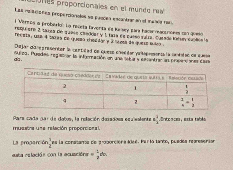 Ciones proporcionales en el mundo real
Las relaciones proporcionales se pueden encontrar en el mundó real.
1 Vamos a probario! La receta favorita de Kelsey para hacer macarrnes con queso
requiere 2 tazas de queso cheddar y 1 taza de queso suízo. Cuando Kelsey duplica la
receta, usa 4 tazas de queso cheddar y 2 tazas de queso sulzo .
Dejar dorepresentar la cantidad de queso cheddar ysRepresenta la cantidad de queso
suizo. Puedes registrar la información en una tabla y encontrar las proporciones desa
do.
Para cada par de datos, la relación desadoes equivalente a_2^(1.Entonces, esta tabla
muestra una relación proporcional.
La proporción frac 1)2 es la constante de proporcionalidad. Por lo tanto, puedes representar
esta relación con la ecuacións = 1/2  do .