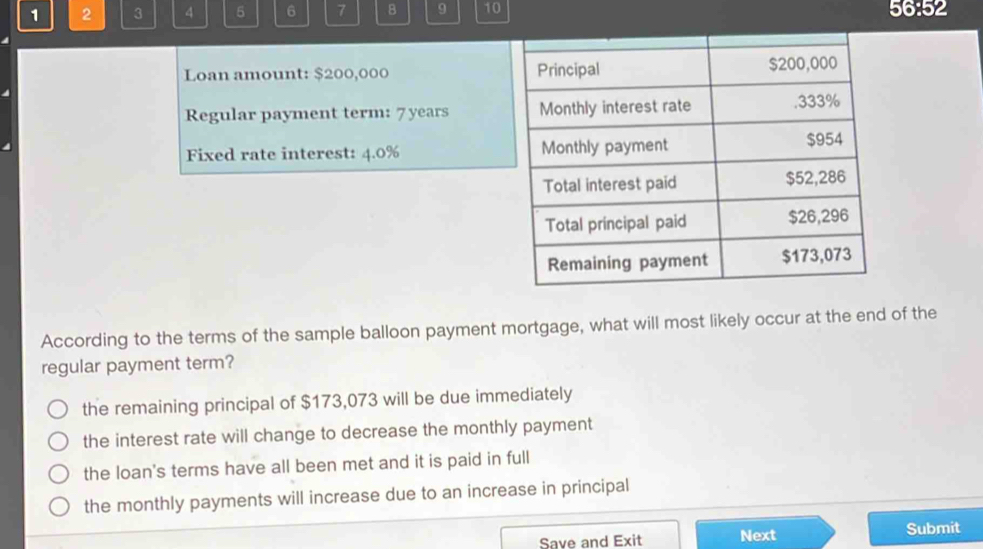 1 2 3 4 5 6 7 B 9 10 56:52
Loan amount: $200,000
Regular payment term: 7 years
Fixed rate interest: 4.0%
According to the terms of the sample balloon payment mortgage, what will most likely occur at the end of the
regular payment term?
the remaining principal of $173,073 will be due immediately
the interest rate will change to decrease the monthly payment
the loan's terms have all been met and it is paid in full
the monthly payments will increase due to an increase in principal
Save and Exit Next Submit