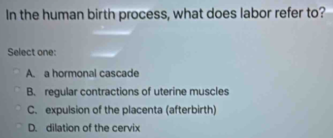 In the human birth process, what does labor refer to?
Select one:
A. a hormonal cascade
B. regular contractions of uterine muscles
C. expulsion of the placenta (afterbirth)
D. dilation of the cervix