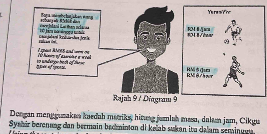 Dengan menggunakan kaedah matriks, hitung jumlah masa, dalam jam, Cikgu 
Syahir berenang dan bermain badminton di kelab sukan itu dalam seminggu. 
I