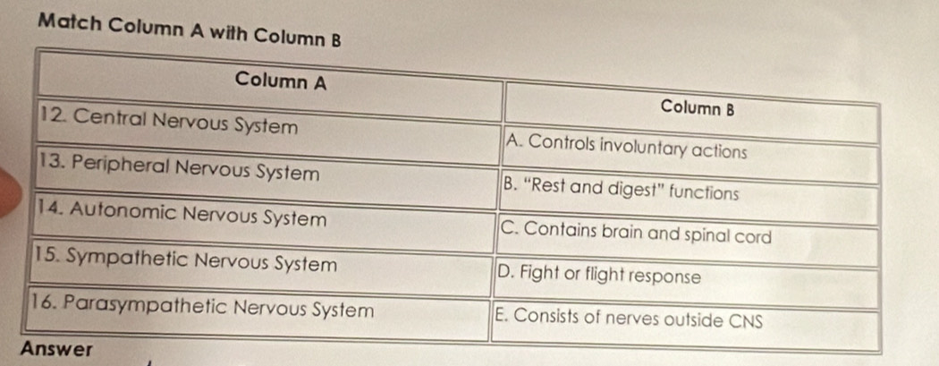 Match Column A with Column B 
Answer