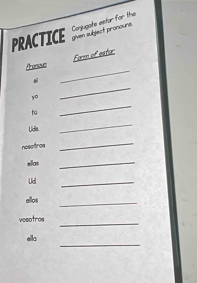 Conjugate estar for the 
PRACTICE given subject pronouns. 
Form of estar 
Pronoun 
él 
_ 
yo 
_ 
tú 
_ 
Uds. 
_ 
nosotros 
_ 
ellas 
_ 
Ud. 
_ 
ellos 
_ 
_ 
vosotros 
_ 
ella