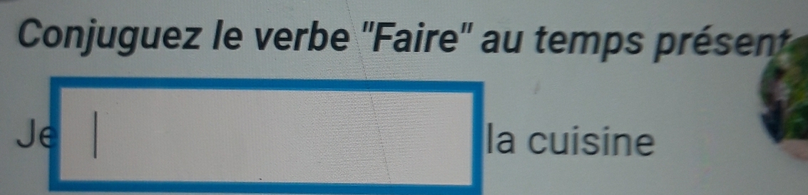 Conjuguez le verbe ''Faire'' au temps présentt 
Je la cuisine