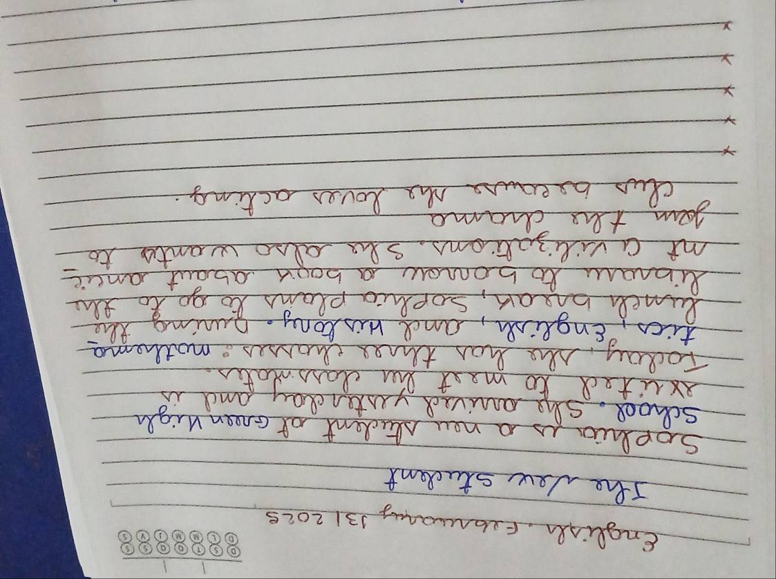 English. Febrvany 131 2025 
The Vew student 
Sophio us a now student of aneen wigh 
school. she arvived yuter day and is 
axvited to mest bu classnates. 
Today, Me has thes chasses, mothema 
tio, English, and hitony. Dwing the 
lunch beak, soplia plans to go to the 
Xibrory to bonow a boox about ancie 
mt a vilisations. she also wanter to 
yen the drama 
clus becaue Me loves acting. 
X 
X 
X