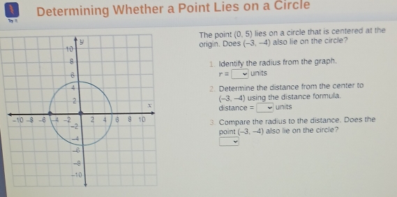 Determining Whether a Point Lies on a Circle 
by = 
The point (0,5) lies on a circle that is centered at the 
origin. Does (-3,-4) also lie on the circle? 
1. Identify the radius from the graph.
r=□ units 
2. Determine the distance from the center to
(-3,-4) using the distance formula. 
distance =□ units 
3. Compare the radius to the distance. Does the 
point (-3,-4) also lie on the circle