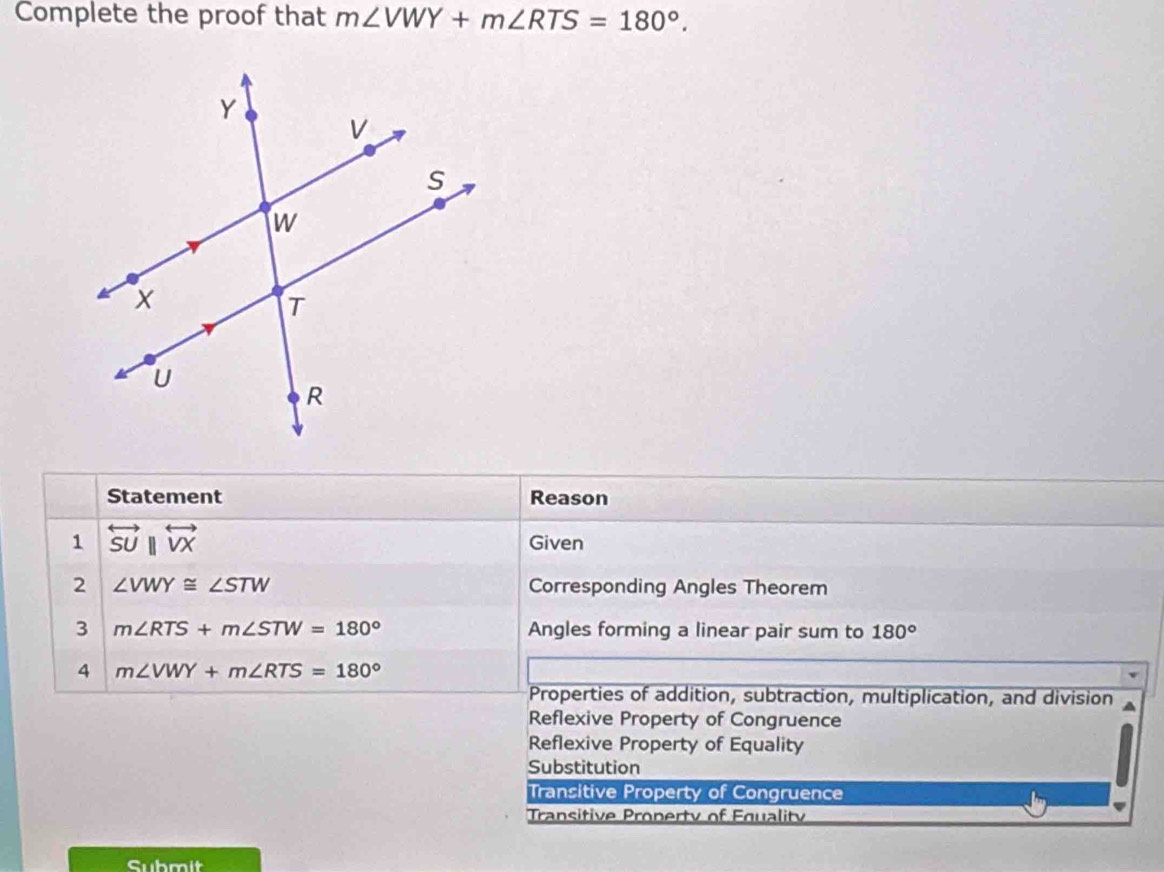 Complete the proof that m∠ VWY+m∠ RTS=180°. 
Statement Reason
1 overleftrightarrow SUparallel overleftrightarrow VX Given
2 ∠ VWY≌ ∠ STW Corresponding Angles Theorem
3 m∠ RTS+m∠ STW=180° Angles forming a linear pair sum to 180°
4 m∠ VWY+m∠ RTS=180°
Properties of addition, subtraction, multiplication, and division
Reflexive Property of Congruence
Reflexive Property of Equality
Substitution
Transitive Property of Congruence
Transitive Property of Equality
Submit