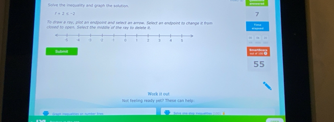 Solve the inequality and graph the solution.
t+2≤ -2
7
To draw a ray, plot an endpoint and select an arrow. Select an endpoint to change it from 
closed to open. Select the middle of the ray to delete it. elapsed Time 
∞ 06 36
Submit out of 100 Ω SmartScor
55
Work it out 
Not feeling ready yet? These can help: 
Graph inequalities on númber ênes Solve one-step inequalities (100 