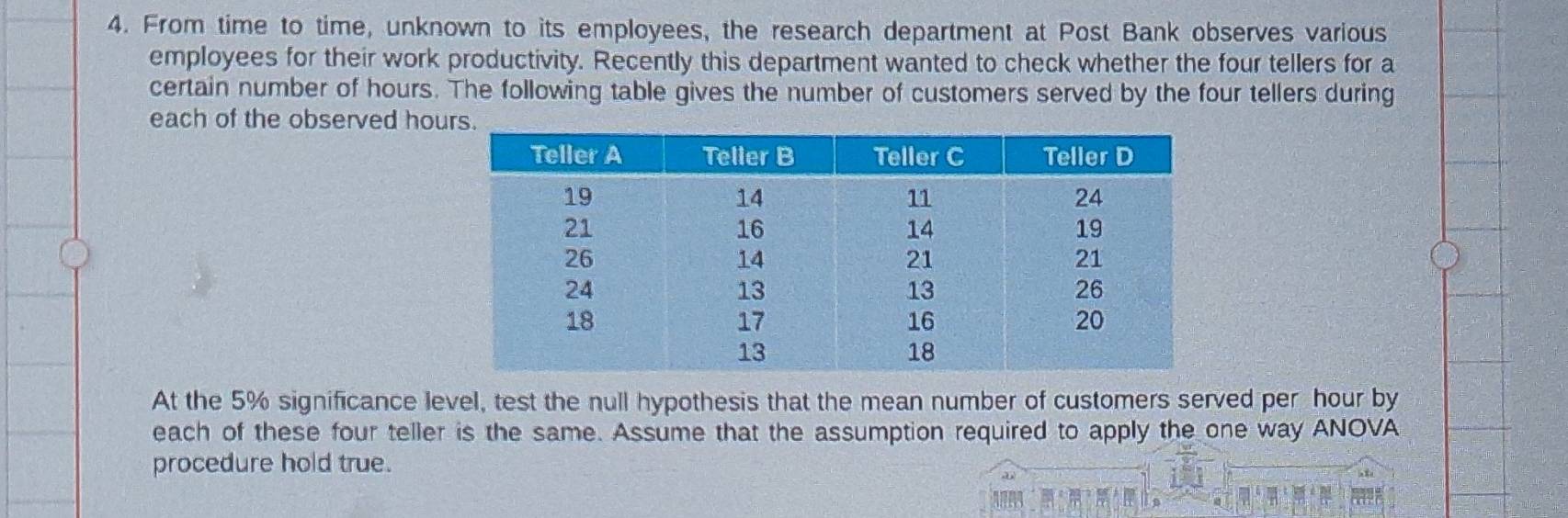 From time to time, unknown to its employees, the research department at Post Bank observes various 
employees for their work productivity. Recently this department wanted to check whether the four tellers for a 
certain number of hours. The following table gives the number of customers served by the four tellers during 
each of the observed ho 
At the 5% significance level, test the null hypothesis that the mean number of customers served per hour by 
each of these four teller is the same. Assume that the assumption required to apply the one way ANOVA 
procedure hold true.