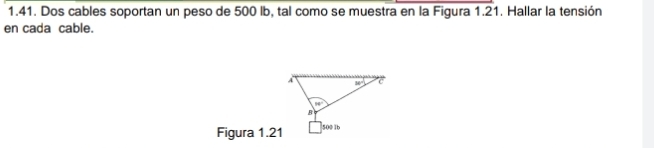 Dos cables soportan un peso de 500 lb, tal como se muestra en la Figura 1.21. Hallar la tensión
en cada cable.
Figura 1.21