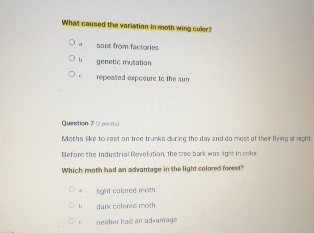 Solved: What caused the variation in moth wing color? a soot from ...