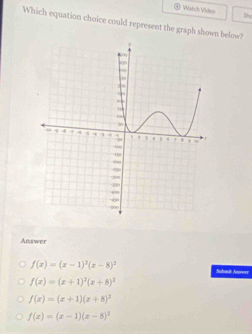 Watch Video Sho
Which equation choice could represent the graph shown below?
Answer
f(x)=(x-1)^2(x-8)^2
Submit Answer
f(x)=(x+1)^2(x+8)^2
f(x)=(x+1)(x+8)^2
f(x)=(x-1)(x-8)^2