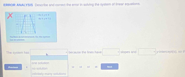 ERROR ANALYSIS Describe and correct the error in solving the system of linear equations.
The system has _  because the lines have □ slopes and □ . y-intercept(s), so th
one solution
Previous 6 no solution 12 13 14 15 Next
infinitely many solutions