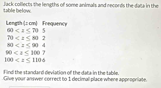 Jack collects the lengths of some animals and records the data in the 
table below. 
Length (≥ cm) Frequency
60
70
80
90
100
Find the standard deviation of the data in the table. 
Give your answer correct to 1 decimal place where appropriate.