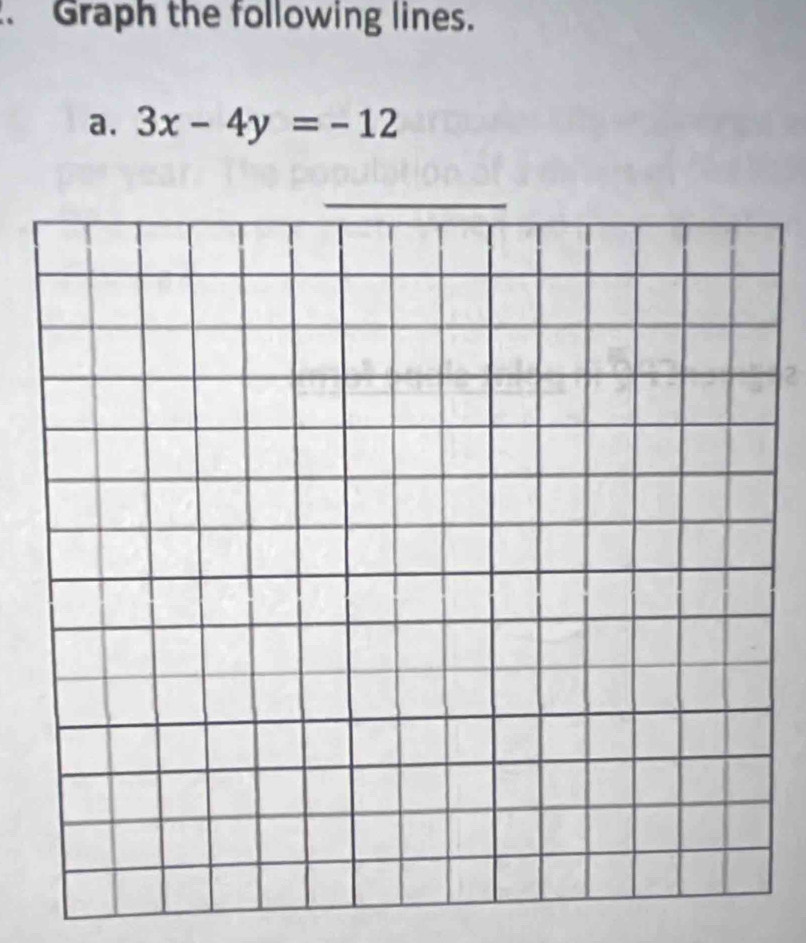 Graph the following lines. 
a. 3x-4y=-12