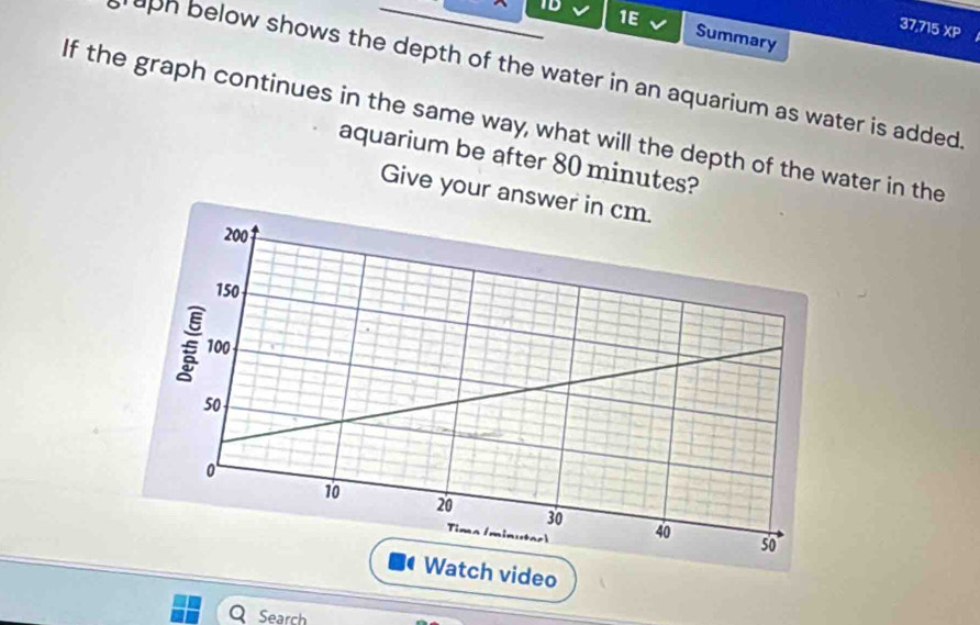 TD 1E 
37,715 ∠ C 
Summary 
uph below shows the depth of the water in an aquarium as water is added. 
If the graph continues in the same way, what will the depth of the water in the 
aquarium be after 80 minutes? 
Give your a 
Watch video 
Search