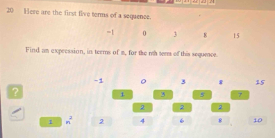 21 22 23 24 
20 Here are the first five terms of a sequence.
-1 0 3 8 15
Find an expression, in terms of n, for the nth term of this sequence.
-1 。 3 8 15
?
1 3 5 7
2 2 2
1 n^2 2 4 6 8 10