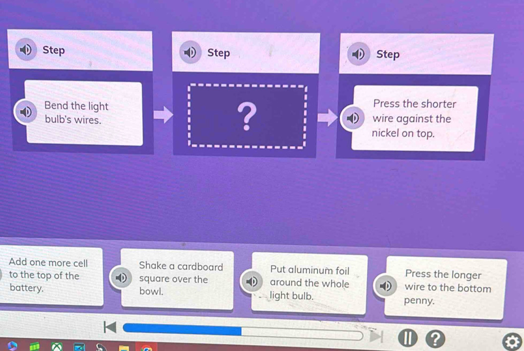Step Step Step 
Bend the light 
Press the shorter 
I 
I ? 
bulb's wires. wire against the 
nickel on top. 
Add one more cell Shake a cardboard Put aluminum foil Press the longer 
to the top of the square over the around the whole wire to the bottom 
battery. bowl. light bulb. penny.