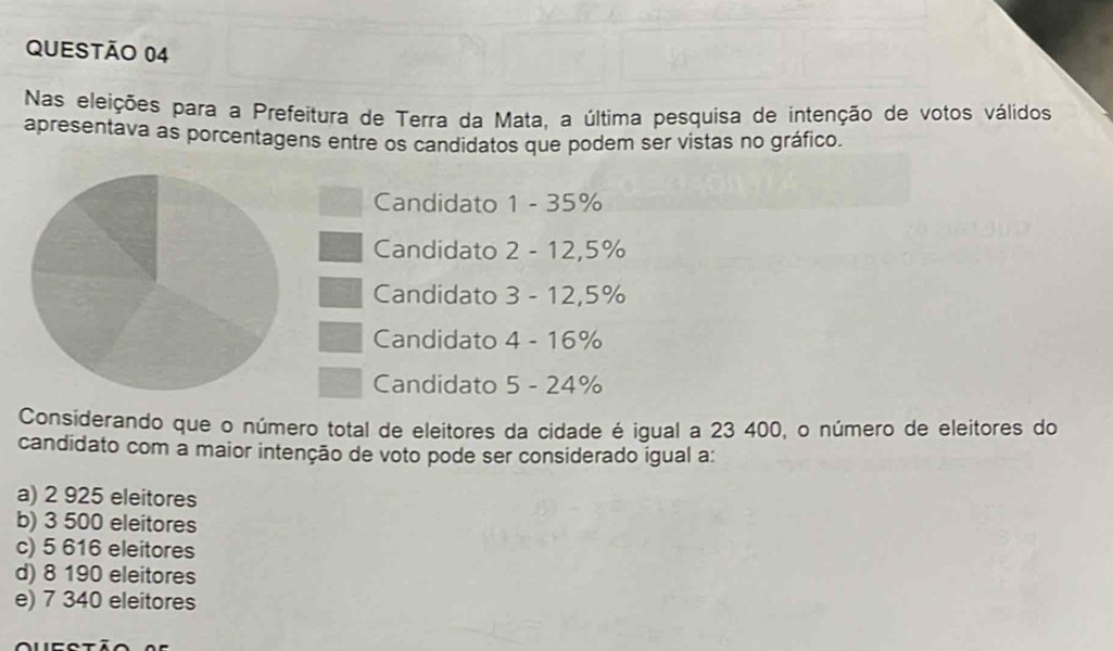 Nas eleições para a Prefeitura de Terra da Mata, a última pesquisa de intenção de votos válidos
apresentava as porcentagens entre os candidatos que podem ser vistas no gráfico.
Candidato 1 - 35%
Candidato 2 - 12,5%
Candidato 3 - 12,5%
Candidato 4 - 16%
Candidato 5 - 24%
Considerando que o número total de eleitores da cidade é igual a 23 400, o número de eleitores do
candidato com a maior intenção de voto pode ser considerado igual a:
a) 2 925 eleitores
b) 3 500 eleitores
c) 5 616 eleitores
d) 8 190 eleitores
e) 7 340 eleitores