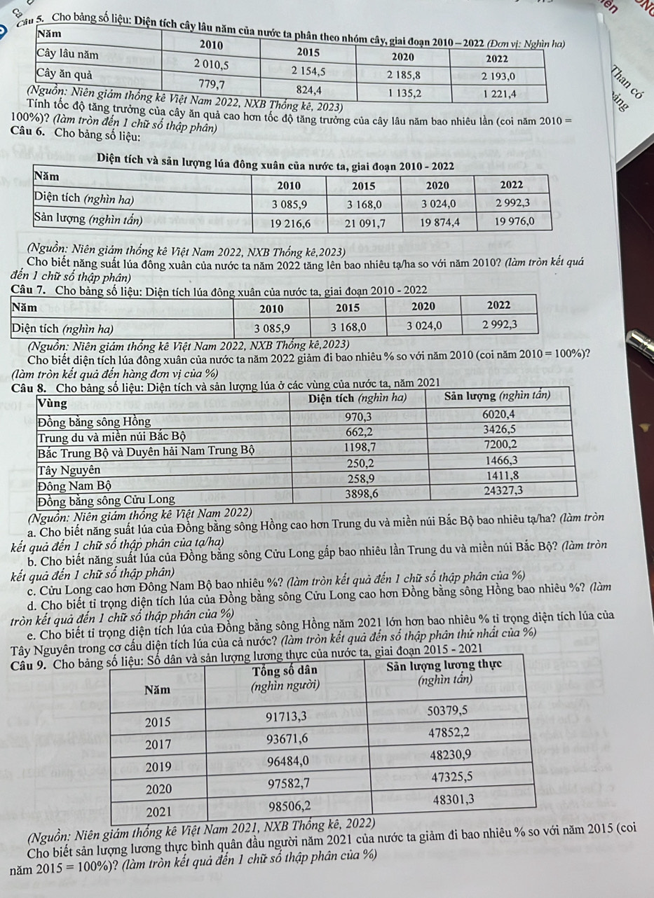 Sên n 
Cau 5. Cho bảng số liệu: Diện tích cây 
Chan có
ưởng của cây ăn quả cao hơn tốc độ tăng trưởng của cây lâu năm bao nhiêu lần (coi năm 2010=
100%)? (làm tròn đến 1 chữ số thập phân)
Câu 6. Cho bảng số liệu:
Diện tích và 
(Nguồn: Niên giám thống kê Việt Nam 2022, NXB Thống kê,2023)
Cho biết năng suất lúa đồng xuân của nước ta năm 2022 tăng lên bao nhiêu tạ/ha so với năm 2010? (làm tròn kết quả
đến 1 chữ số thập phân)
Câu 
(Nguồn: Niên giám thống kê Việt Nam 2022, NXB Thống kê,2023)
Cho biết diện tích lúa đông xuân của nước ta năm 2022 giảm đi bao nhiêu % so với năm 2010 (coi năm 2010=100% )
(làm tròn kết quả đến hàng đơn vị của %)
nước ta, năm 2021
(Nguồn: Niên giám thống kê Việt Nam
a. Cho biết năng suất lúa của Đồng bằng sông Hồng cao hơn Trung du và miền núi Bắc Bộ bao nhiêu tạ/ha? (làm tròn
kết quả đến 1 chữ số thập phân của tạ/ha)
b. Cho biết năng suất lúa của Đồng bằng sông Cửu Long gắp bao nhiêu lần Trung du và miền núi Bắc Bộ? (làm tròn
kết quả đến 1 chữ số thập phân)
c. Cửu Long cao hơn Đông Nam Bộ bao nhiêu %? (làm tròn kết quả đến 1 chữ số thập phân của %)
d. Cho biết tỉ trọng diện tích lúa của Đồng bằng sông Cửu Long cao hơn Đồng bằng sông Hồng bao nhiêu %? (làm
tròn kết quả đến 1 chữ số thập phân của %)
e. Cho biết tỉ trọng diện tích lúa của Đồng bằng sông Hồng năm 2021 lớn hơn bao nhiêu % tỉ trọng diện tích lúa của
Tây Nguyên trong cơ cấu diện tích lúa của cả nước? (làm tròn kết quả đến số thập phân thứ nhất của %)
Câu 9. Cho ớc ta, giai đoạn 2015 - 2021
(Nguồn: Niên giám thống kê Việt Nam 
Cho biết sản lượng lương thực bình quân đầu người năm 2021 của nước ta giảm đi bao nhiêu % so với năm 2015 (coi
năm 2015=100% ) ? (làm tròn kết quả đến 1 chữ số thập phân của %)
