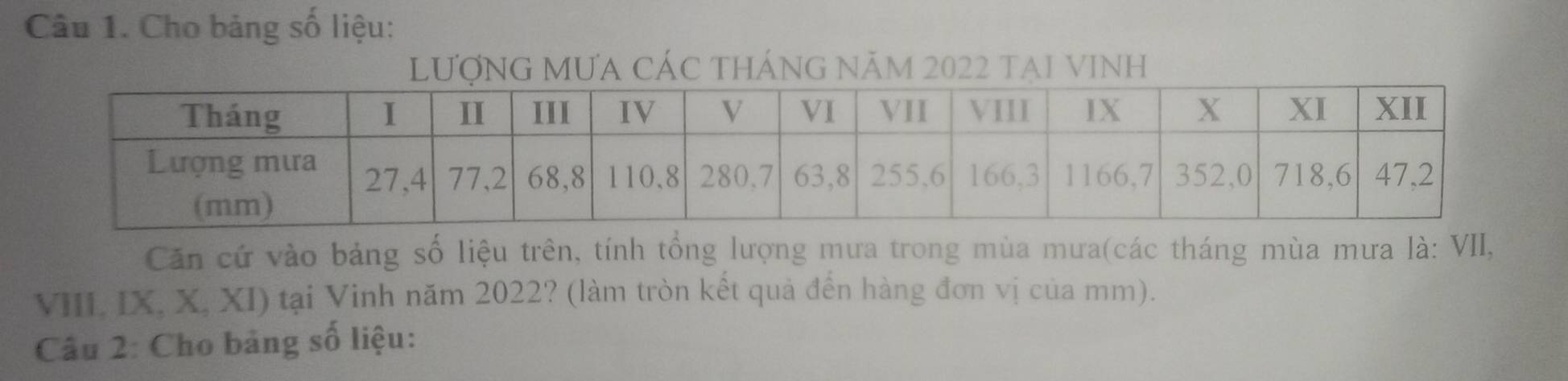 Cho bảng số liệu: 
LượNG MƯA CÁC THÁNG Năm 2022 TAI VINH 
Căn cứ vào bảng số liệu trên, tính tổng lượng mưa trong mùa mưa(các tháng mùa mưa là: VII, 
VIII, IX, X, XI) tại Vinh năm 2022? (làm tròn kết quả đến hàng đơn vị của mm). 
Câu 2: Cho bảng số liệu: