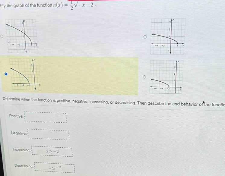 Solved: tify the graph of the function n(x)= 1/2 sqrt(-x-2 ...