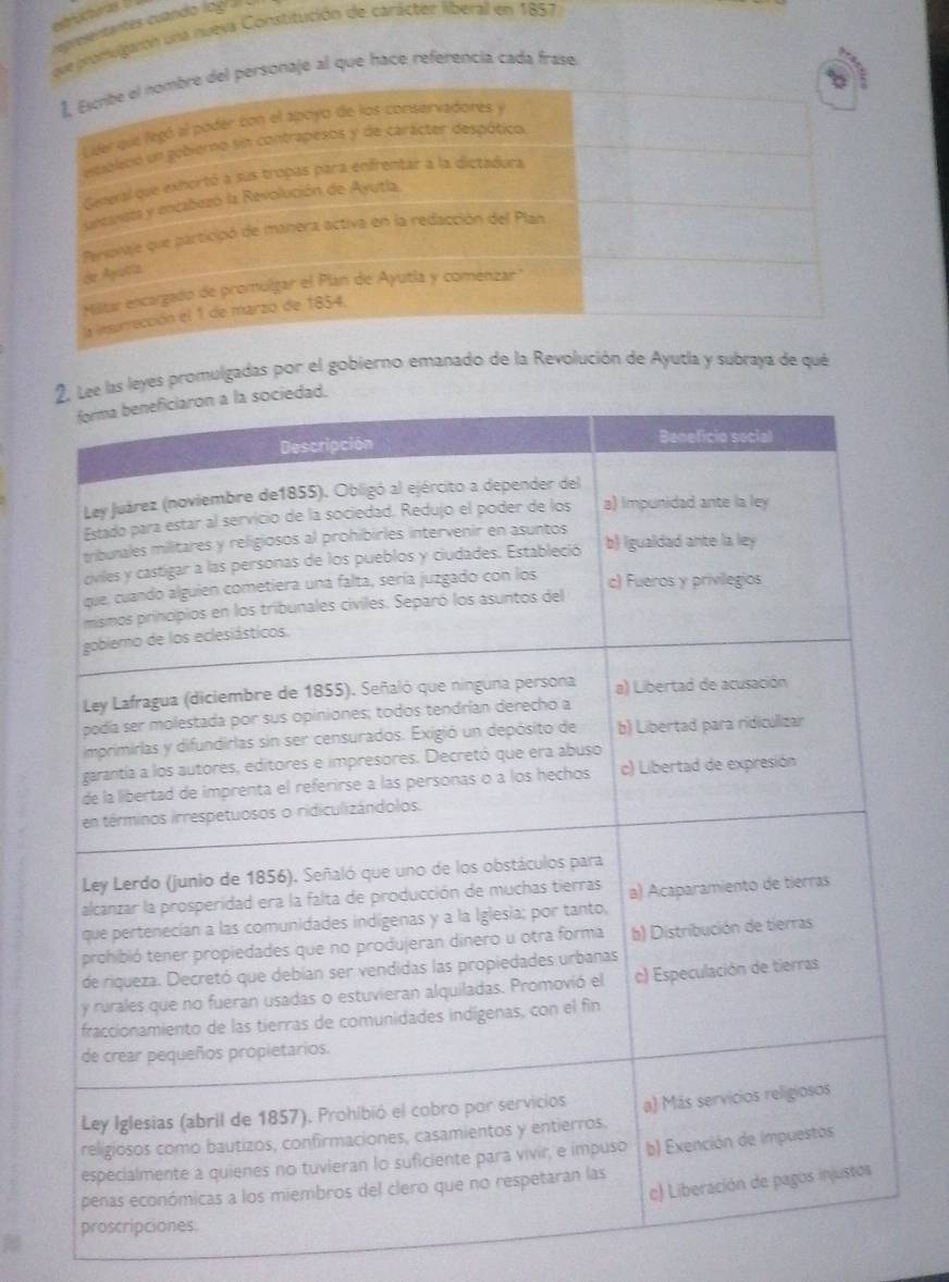 epresentantes cuando log/ 
que promulgaron una nueva Constitución de carácter liberal en 1857 
personaje al que hace referencia cada frase 
romulgadas por el gobierno emanado de la Revolución de Ayutla y subraya de qué