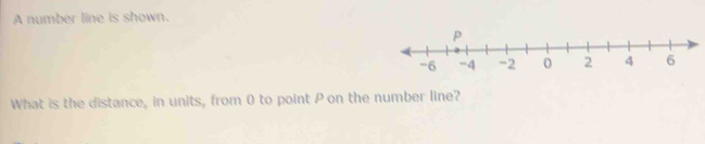 A number line is shown. 
What is the distance, in units, from 0 to point P on the number line?