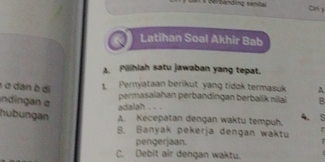 tan X Barbanding senilal 
Clel y
Latihan Soal Akhir Bab
A. Pilihlah satu jawaban yang tepat.
σ dan b di 1. Pernyataan berikut yang tidak termasuk A
permasalahan perbandingan berbalik nilai B
inding an α adalah . . .
hübungan A. Kecepatan dengan waktu tempuh. 4. S
B. Banyak pekerja dengan waktu r
pengerjaan.
C. Debit air dengan waktu.